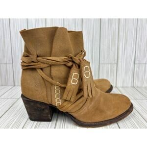Miss Macie Suede Leather Ankle Boots Booties Wrap Tassles Tan Camel 9.5